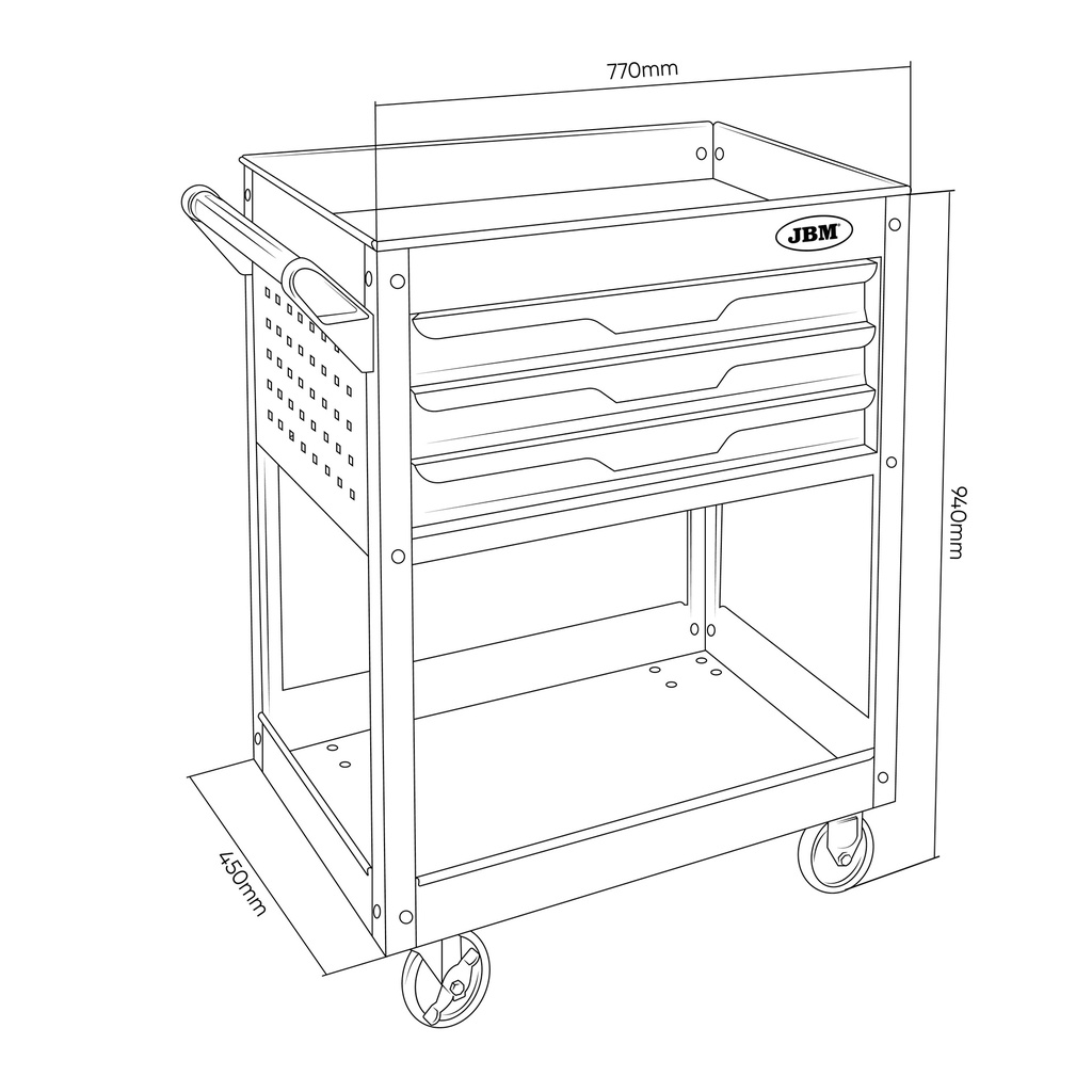 CHARIOT DESSERTE D’ATELIER 3 TIROIRS AVEC 1 PLATEAU + GRILLES LATÉRALES