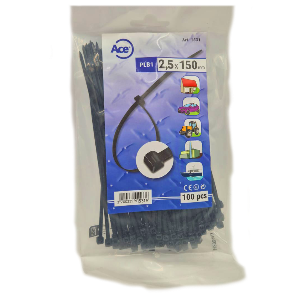 [1531] Sachet 100 liens nylon noir 2,5 x 150 mm